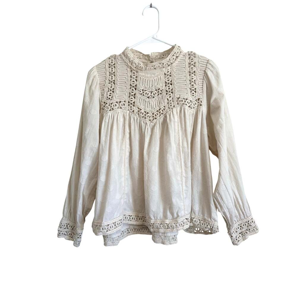 Jennifer & Grace Cream Cotton Crochet Lace High Neck Blouse Large Cottagecore